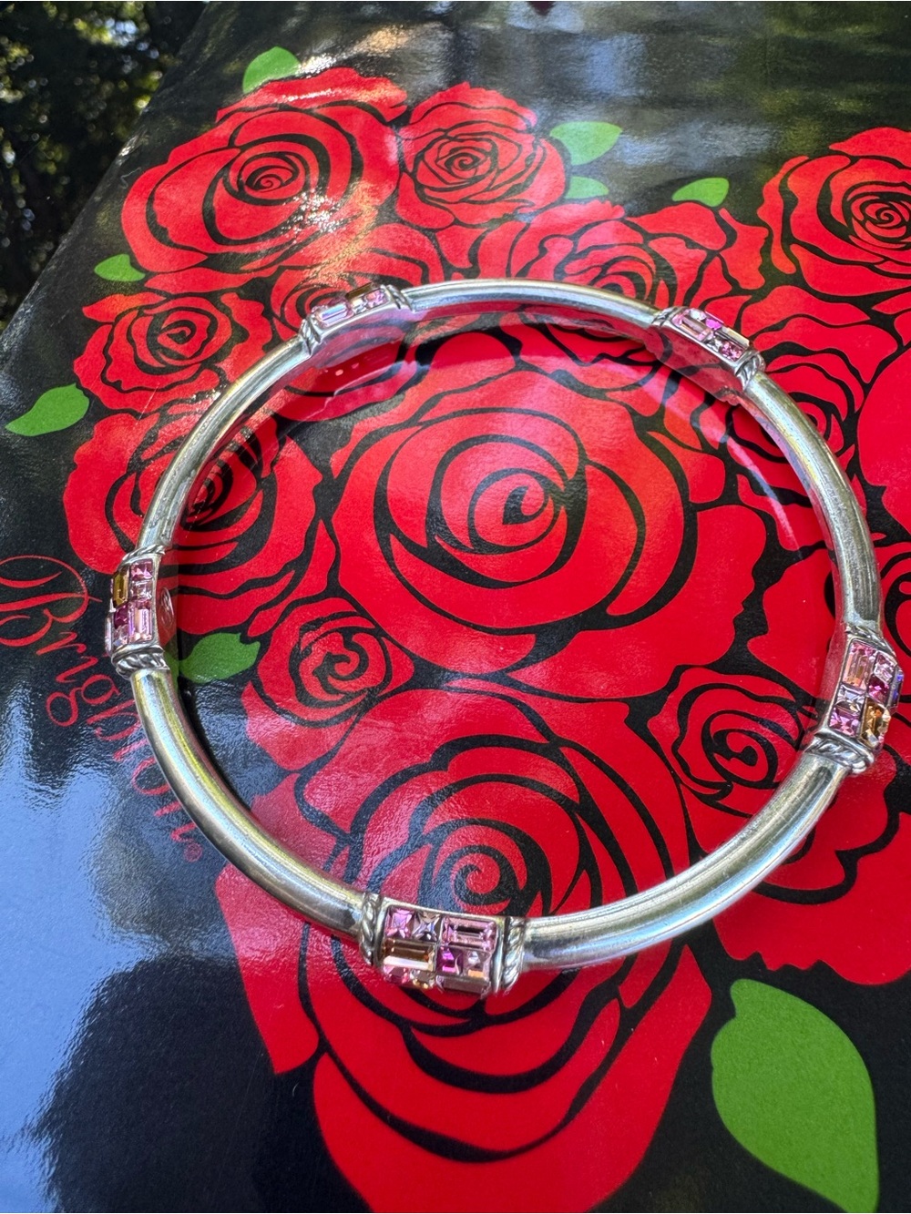 Brighton Silver-Tone Bangle Bracelet with Pink Crystal Accents